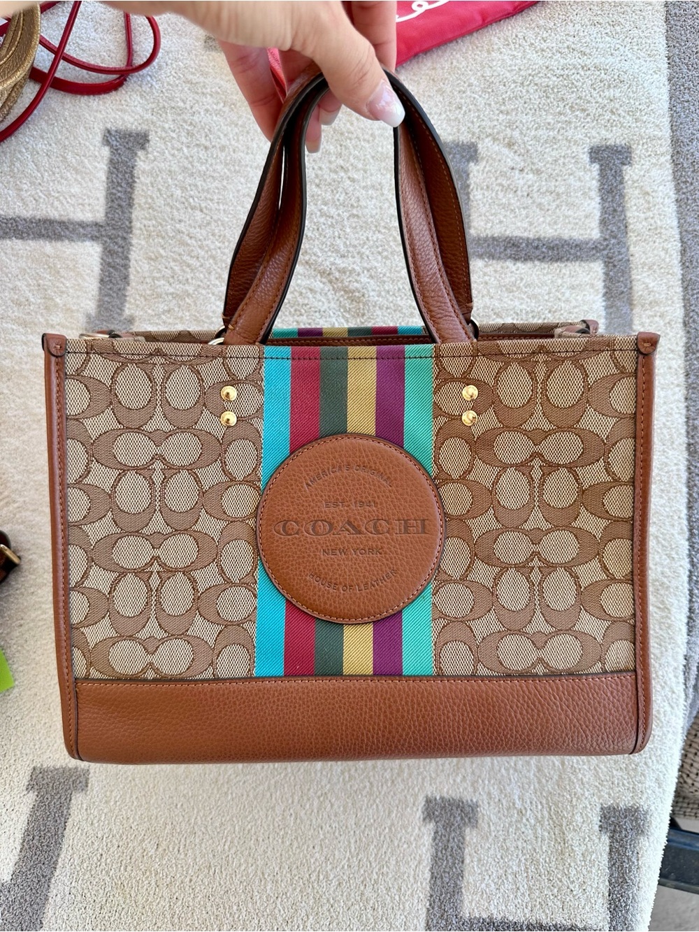 Coach Brown Signature Canvas Tote with Multicolor Vertical Stripe